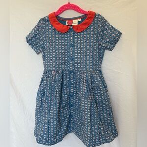 Mini Boden Blue Floral/Birds Red Collar Cotton Short Sleeve Dress 4/5 yr